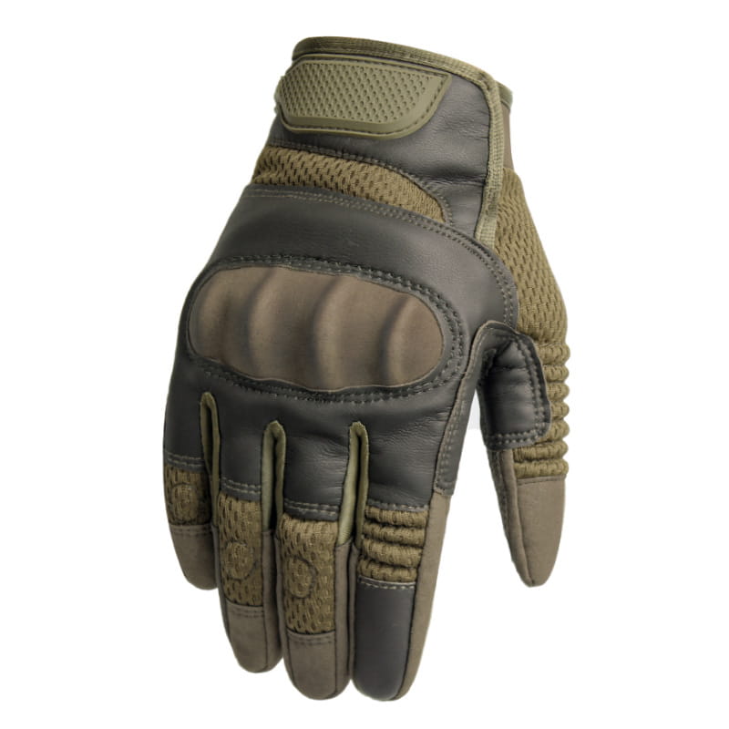 tan and dark brown tactical glove showing the back hand with reinforced leather palms breathable mesh panels and textured grip zones designed for multifunctional use