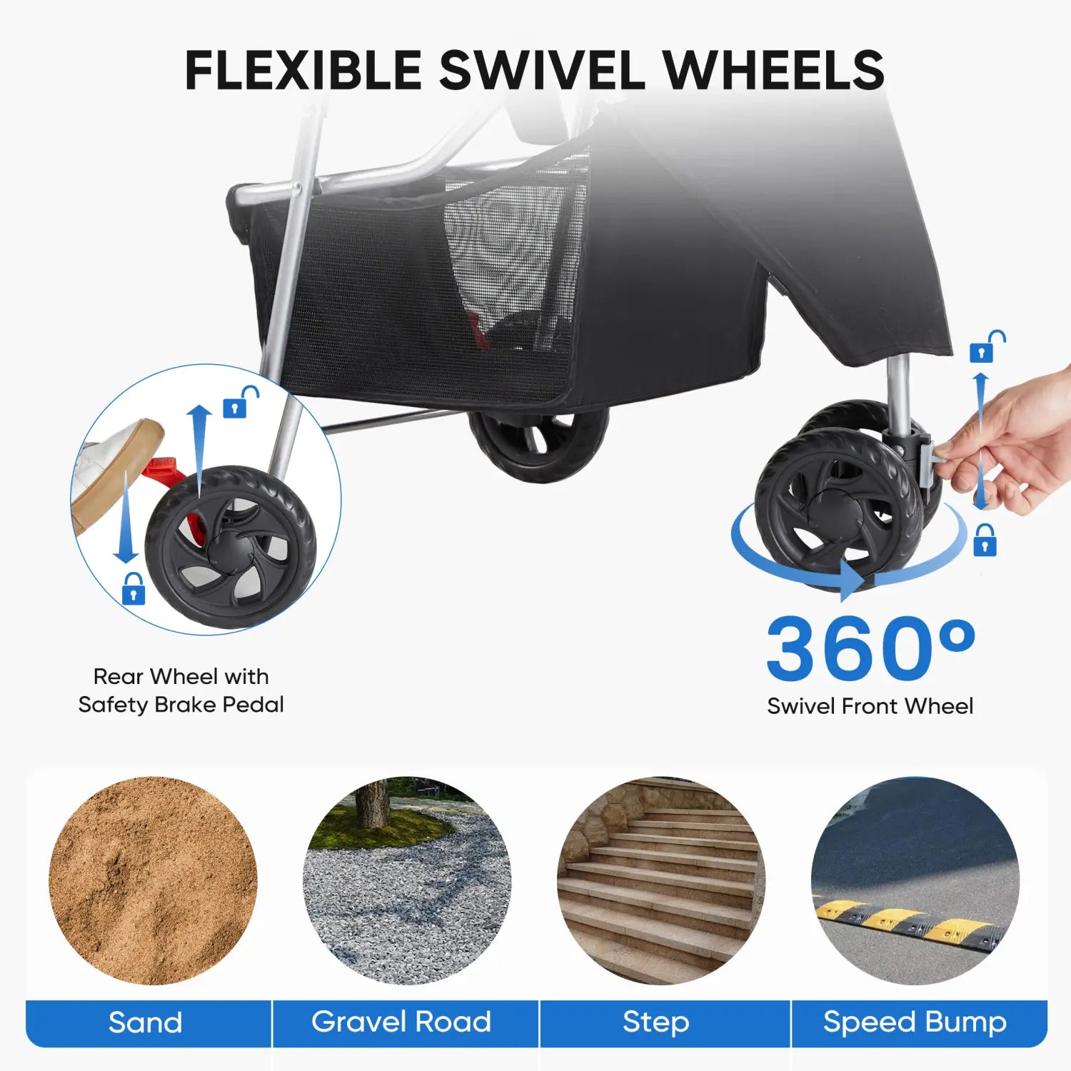Black pet stroller featuring flexible swivel wheels and a safety brake pedal shown from the back side with a cushioned seat.