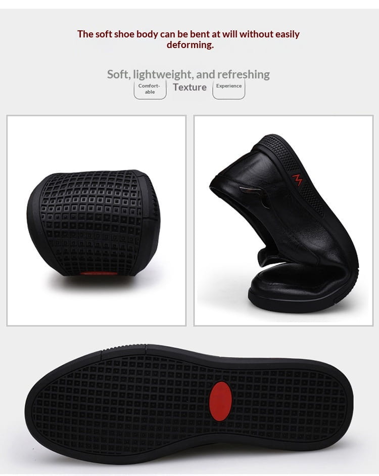 Mocassins noirs à enfiler pour homme en cuir, avec une semelle à quadrillage texturé, un talon et un accent circulaire rouge près de l’avant-pied, style britannique.