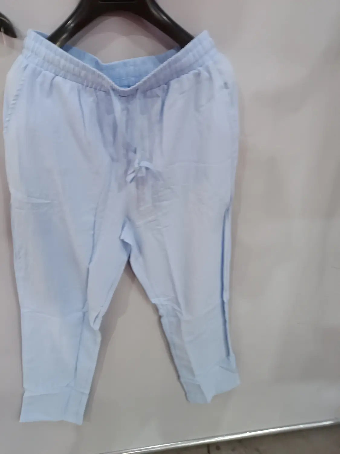 men’s light blue cotton linen joggers with elastic waistband and drawstring for casual wear