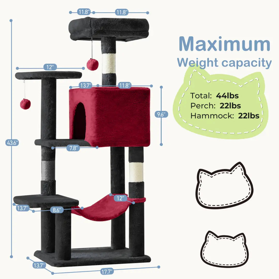 44 inch multi-level cat tree tower in red and black features plush hammock, perches, and sisal scratching posts for feline play and rest.