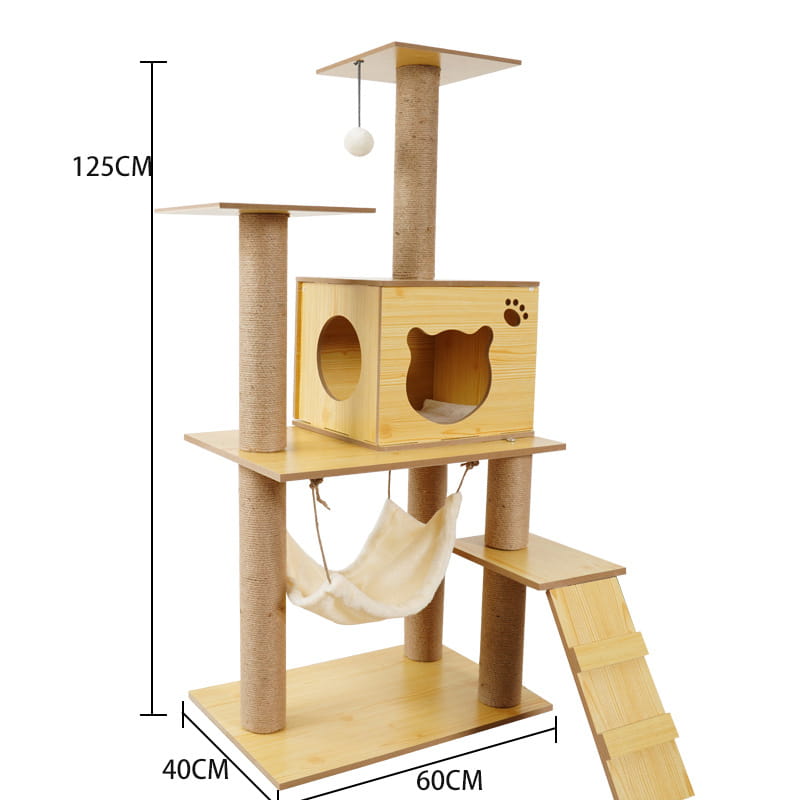Light wood wooden cat tree scratching post and condo featuring a scratching post, multiple platforms, and a hanging hammock for feline activity and rest.