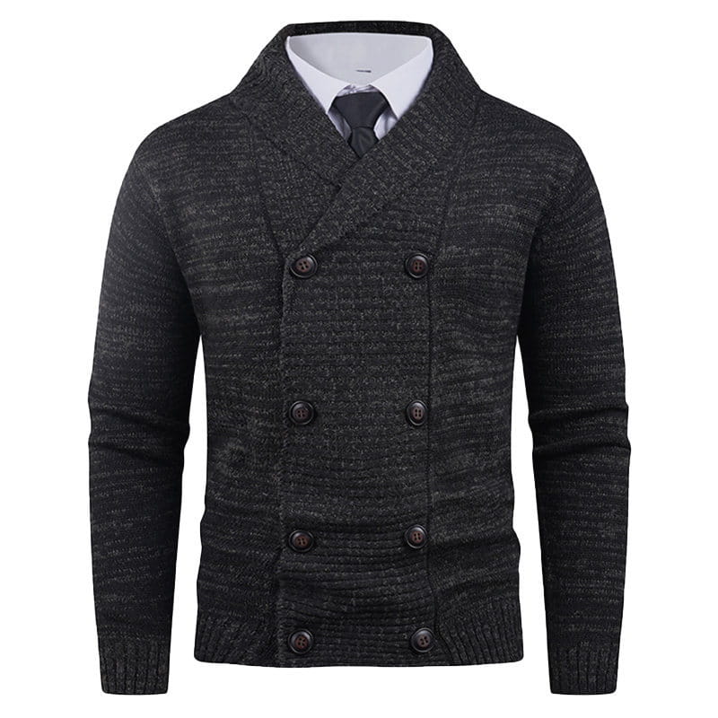 Men’s double-breasted knit cardigan in dark gray textured fabric with a shawl collar and button closure.