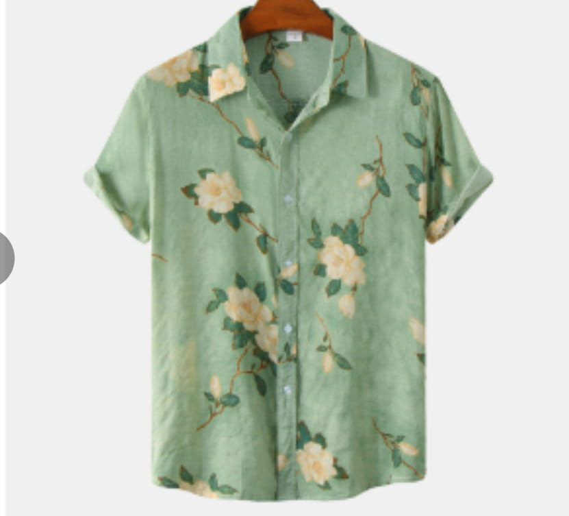 Light green floral Hawaiian short sleeve shirt for men featuring cream-colored flowers and dark green leaves on a lightweight fabric.