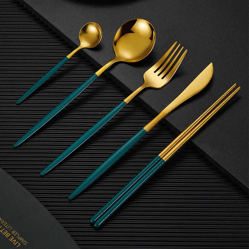 Gold- und Teal-zweifarbiges Besteckset aus Edelstahl mit passenden Essstäbchen, 5-teilig, für den täglichen Gebrauch am Tisch