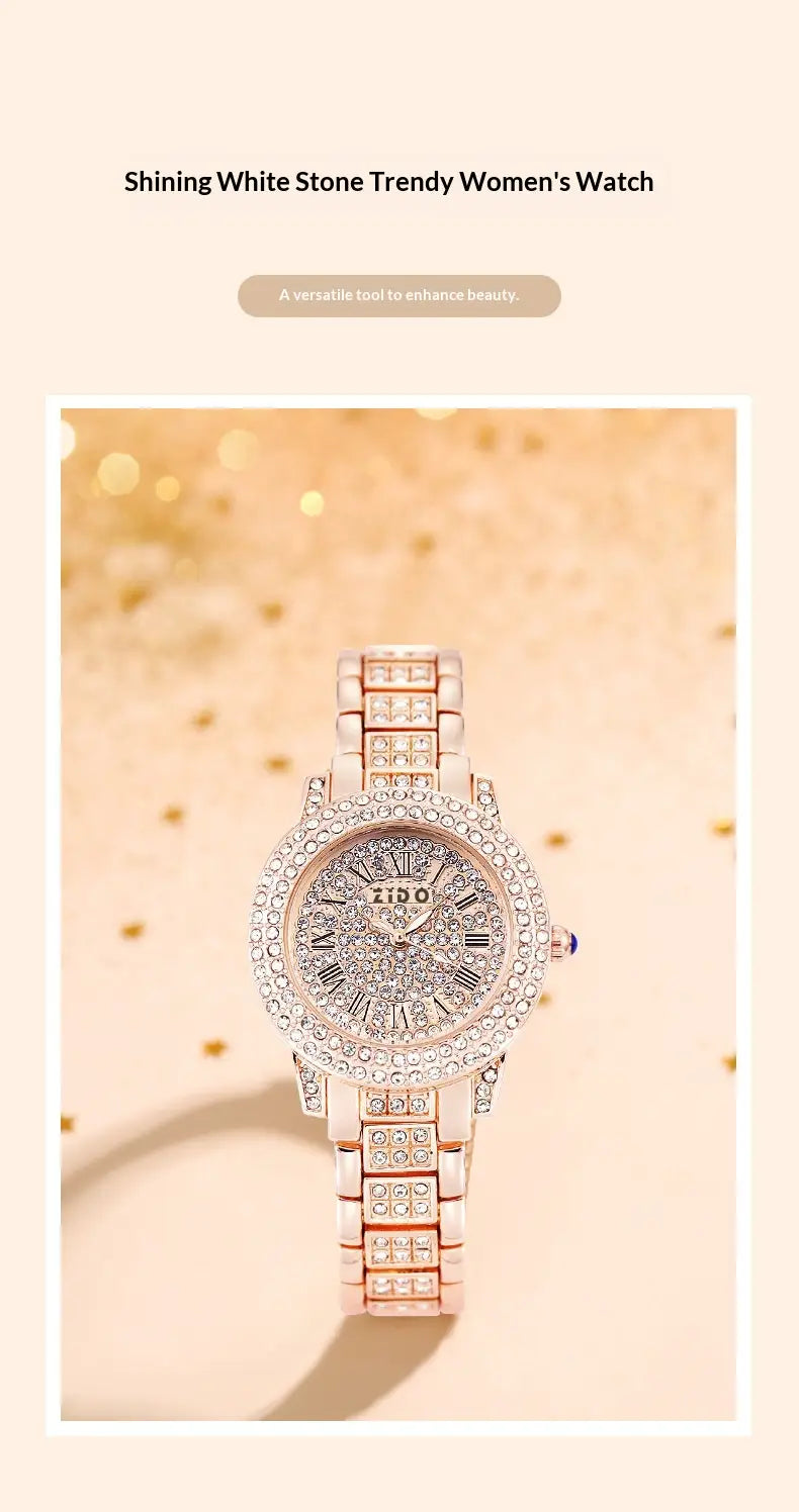 A sparkling rose gold Zibo women’s quartz watch adorned with white stones and roman numerals.
