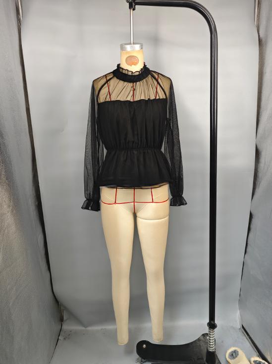 Black sheer ruffled peplum blouse with long sleeves and a high neckline made from lightweight fabric.