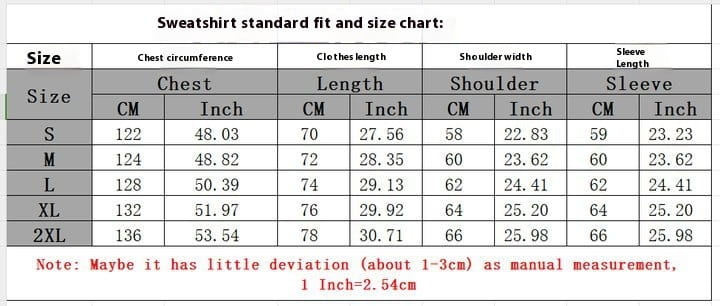 Tableau des tailles en centimètres et en pouces, pour la coupe standard du sweat-shirt, pour les tailles S à 2XL, pour l’ensemble oversize unisexe streetwear comprenant un sweat à capuche et un pantalon de survêtement.