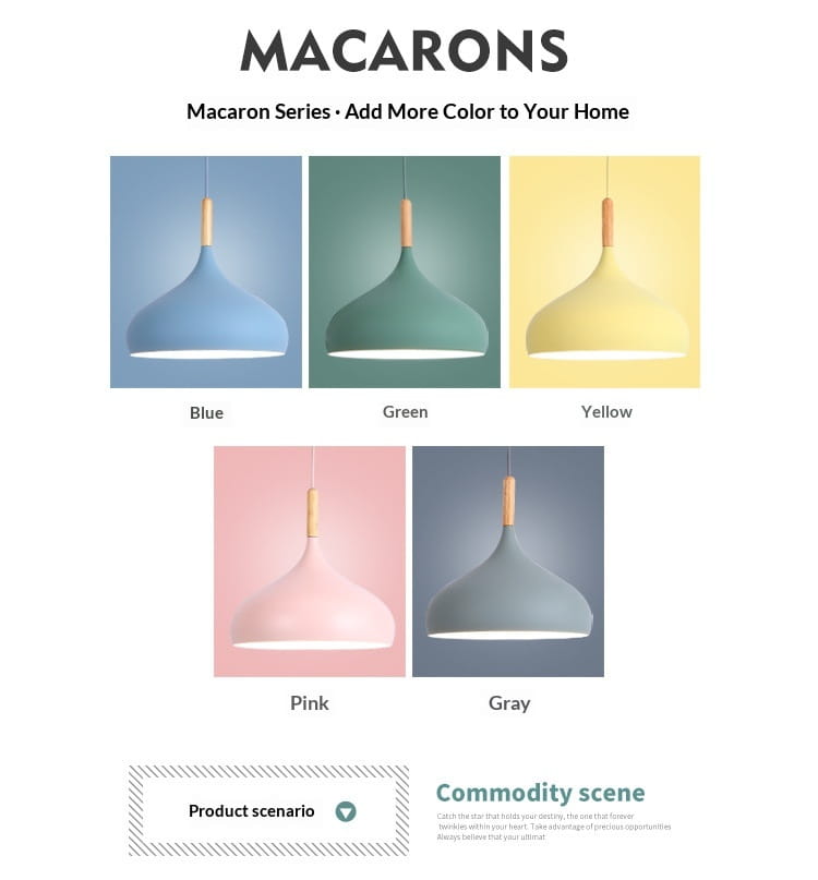 Nordic macaron LED pendant light with pastel-colored smooth matte-finished shades and wooden accents.