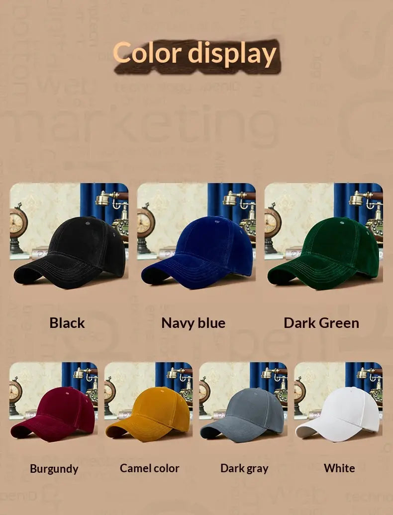 a plush velvet suede baseball cap for men available in six colors including black navy blue dark green burgundy camel and white designed as a thickened winter hat