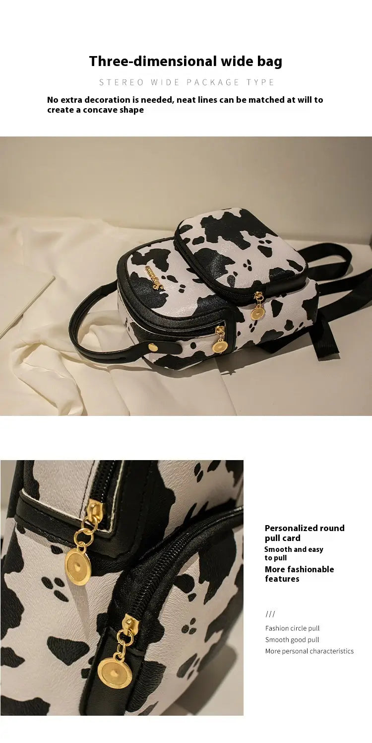 mini backpack cow and snake print korean style featuring a black and white cow print wide bag with gold-tone circular zippers