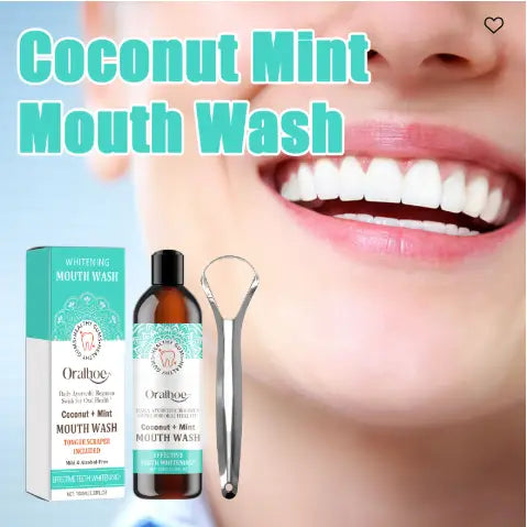 Enjuague bucal de coco y menta de Oralboc envasado en color verde azulado y blanco de 50 ml, con un frasco a juego y un aplicador de metal para enjuague bucal para blanqueamiento dental y cuidado bucal.