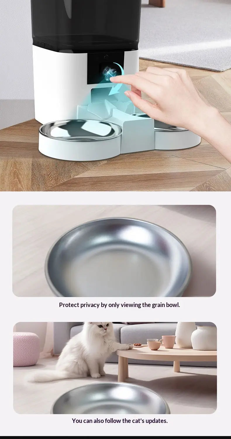 Weißer und schwarzer intelligenter Futterautomat für Haustiere mit Kamera- und Videoüberwachung: modernes, schlankes Design und zwei Metallnäpfe für eine automatisierte Katzenfütterung.