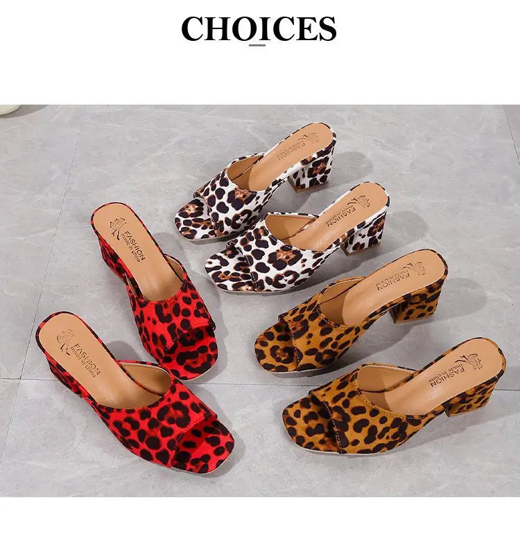 leopard square toe chunky heel mule sandals in red white and tan with leopard print and block heels