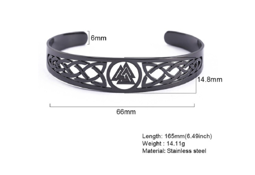 Black stainless steel Valknut Celtic knot cuff bracelet featuring intricate Viking rune design.