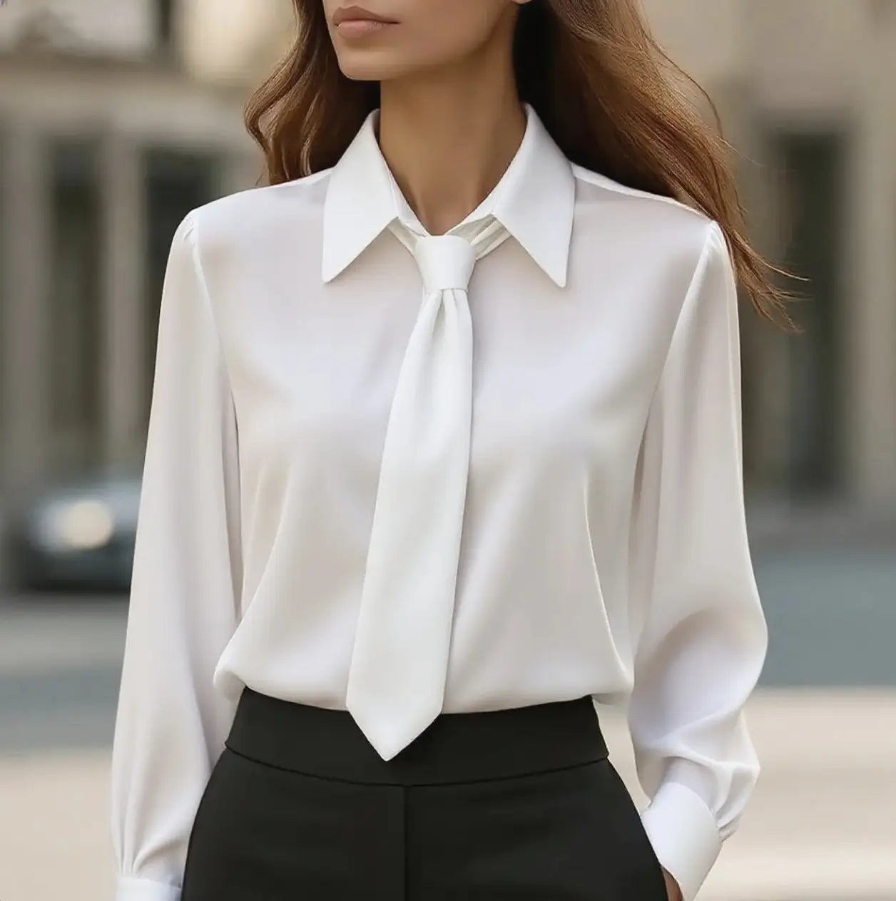 Camisa de satén blanca elegante con cuello tipo lazo y manga larga, con cuello clásico y detalle de lazo anudado en el cuello.