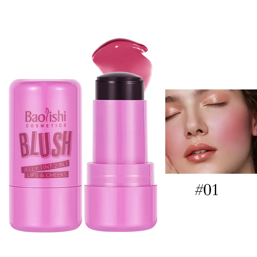 pink baoishi cosmetics jelly blush stick shimmer lip and cheek tint 26.5g in shade 01 with a 2-in-1 jelly tint formula designed for lips and cheeks.
