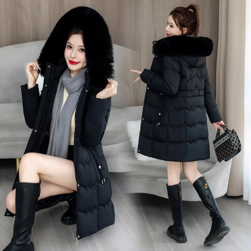 Black puffer coat with a quilted design and plush fur-lined hood ideal for winter wear.