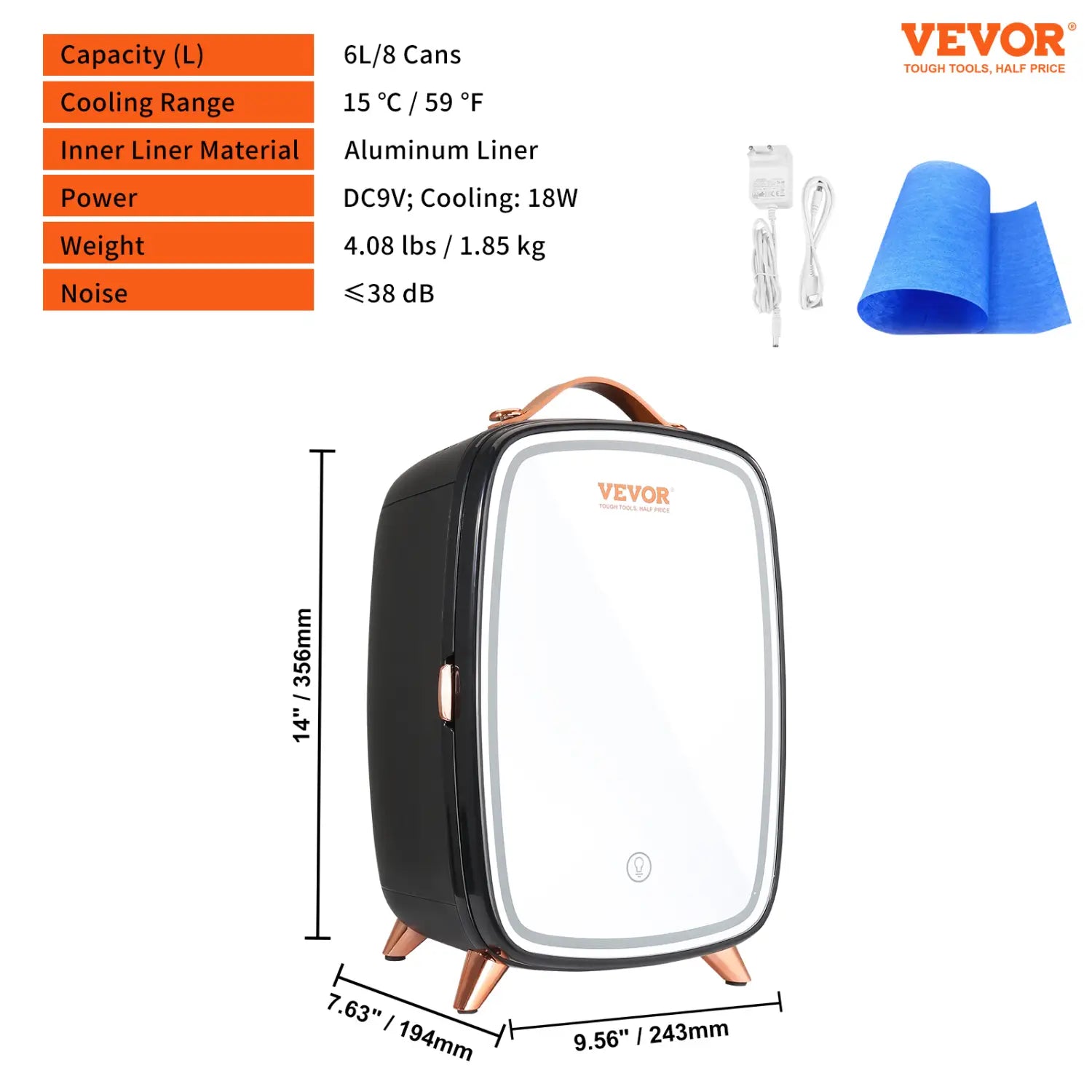 Réfrigérateur Vevor 6 l pour soins de la peau noir et blanc avec miroir à LED et accents or rose, présentant un design rectangulaire épuré et quatre pieds assortis.