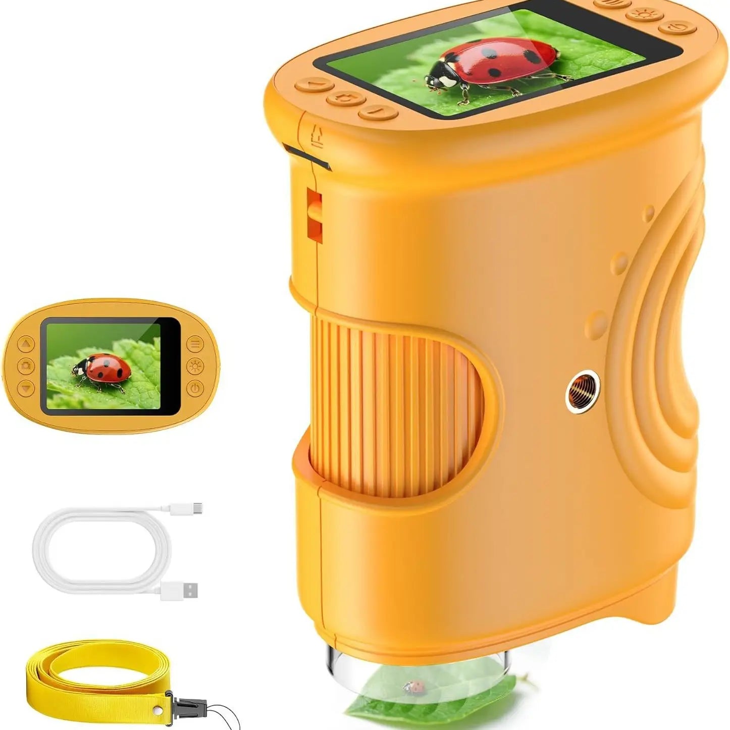 Bright orange kids microscope 50-1000x digital handheld toy with built-in screen displaying a ladybug on green leaves featuring ergonomic grips and a detachable usb cable.