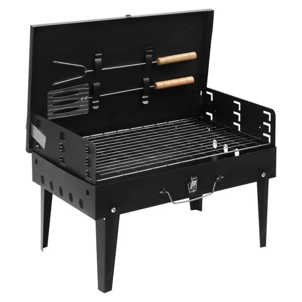 Black portable charcoal grill 44cm folding square steel barbecue with wooden-handled tools stored in the lid.
