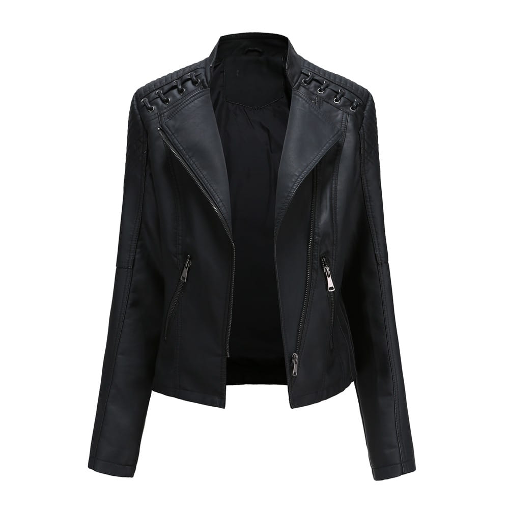 Schwarze Faux-Leder-Motorradjacke für Damen im Slim Fit mit Schnürschultern und zippered Taschen.