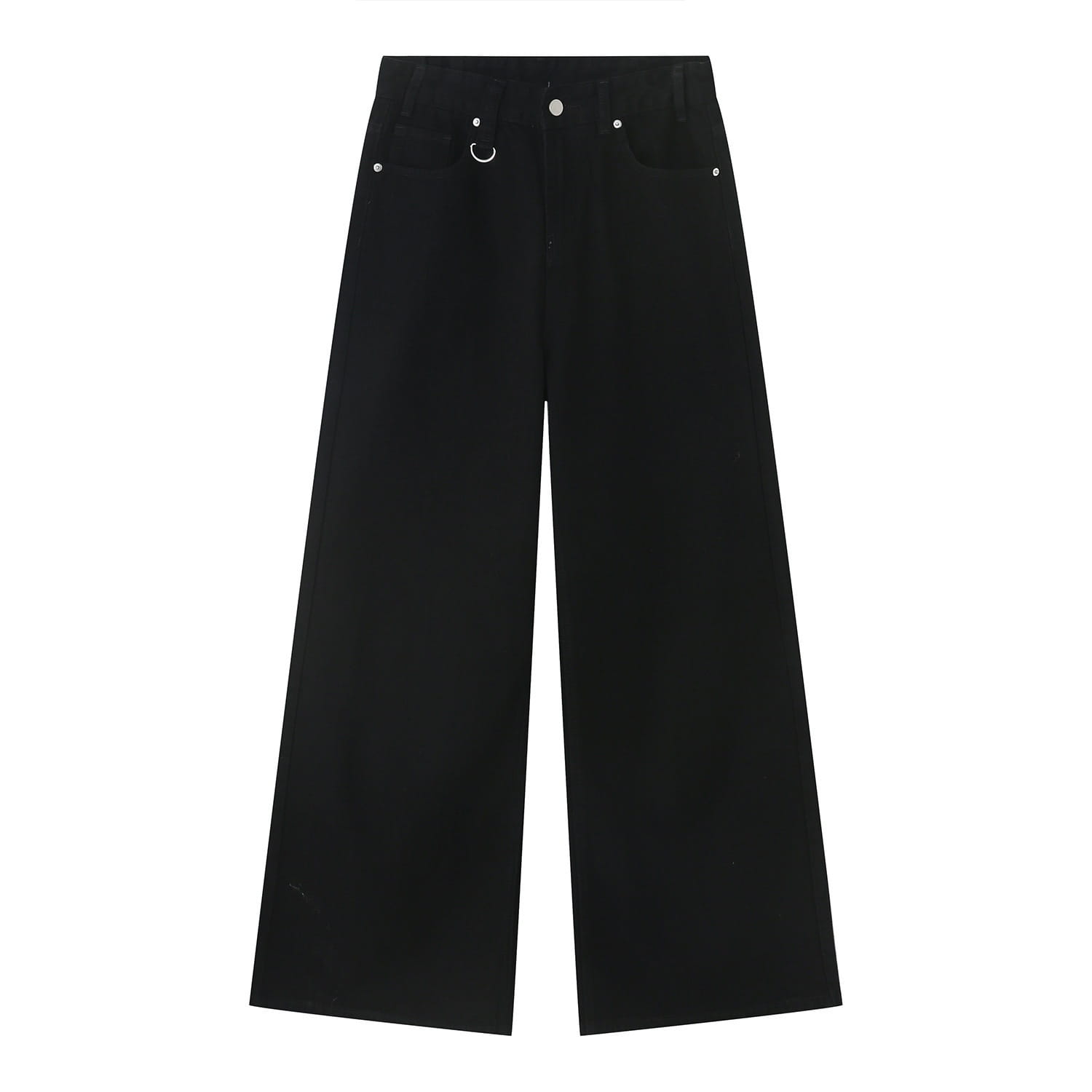 Schwarze Retro-Jeans mit weitem Bein im Used-Look mit hoher Taille und silberfarbenen Knopf- und Ringdetails auf der Vorderseite.