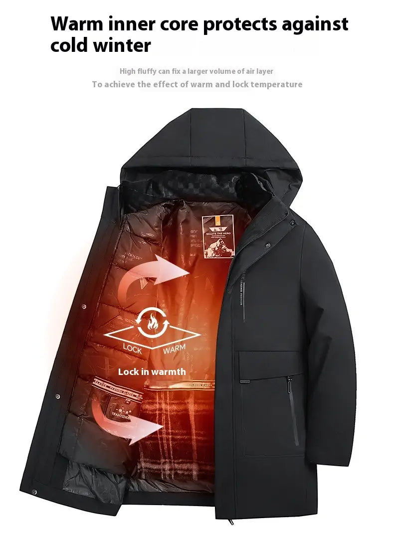 Chaqueta acolchada térmica con capucha de invierno negra que presenta un forro interior cálido y aislante, diseñado para retener el calor