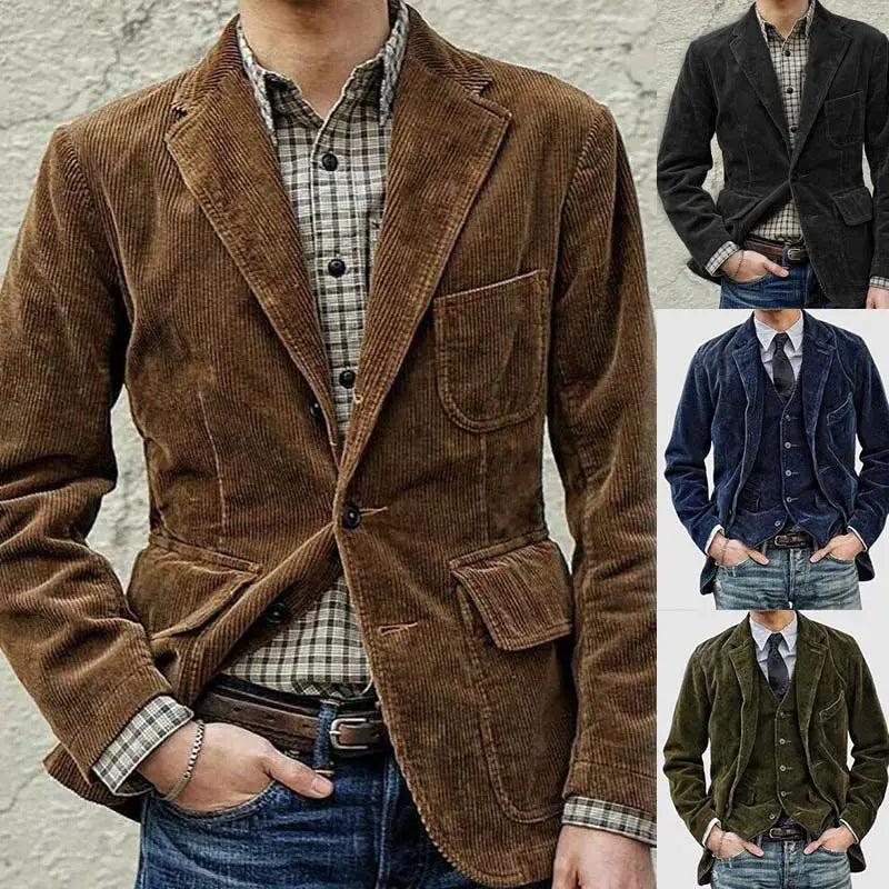 Brown corduroy blazer with a classic double-breasted design and buttoned cuffs for minimalist retro casual menswear.