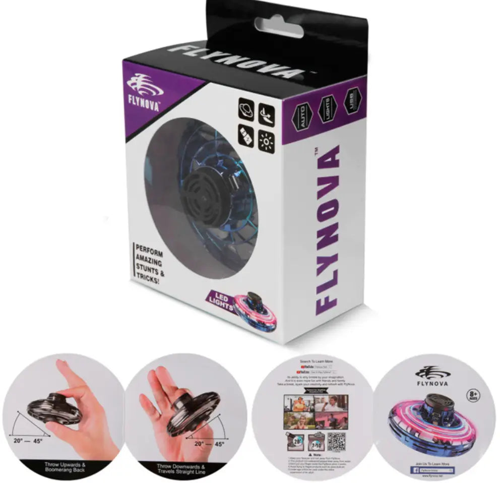 Flynova flying disc with led lights featuring a sleek black and colorful design used as a flying ufo spinner led mini drone fingertip gyro toy.