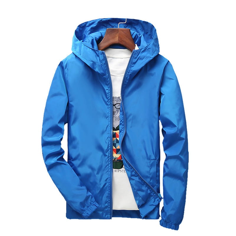 Bright blue casual hooded zipper jacket for men and women made of smooth lightweight fabric with zipper closure.