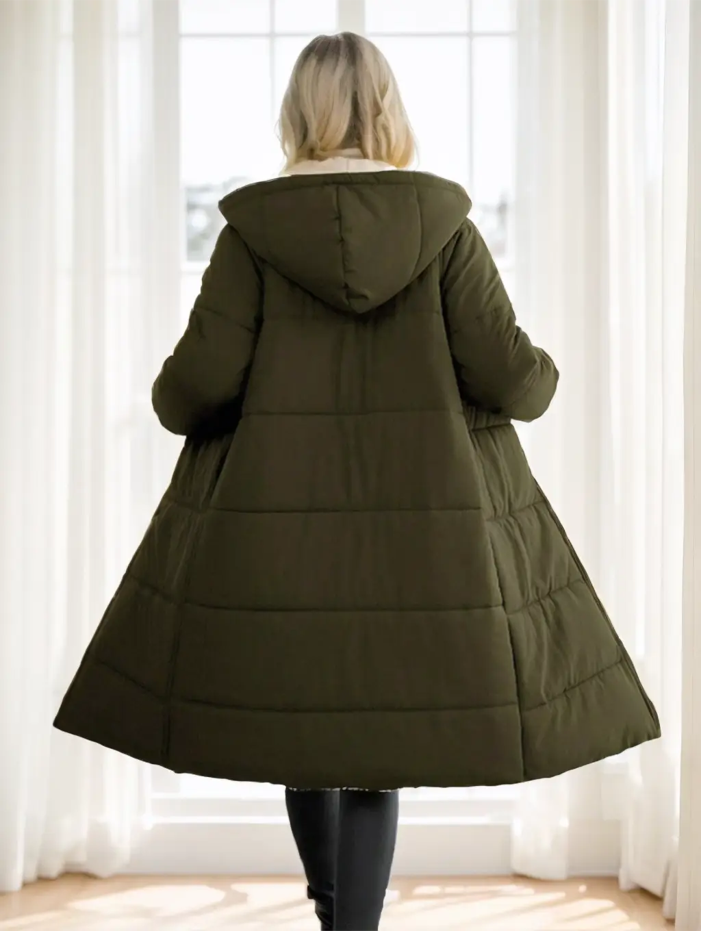 Women winter hooded quilted coat in olive green with plush white-lined hood designed for cold weather.