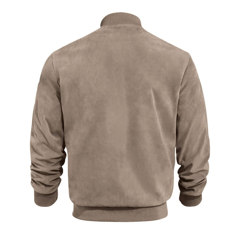 Men suede casual retro jacket beige suede bomber jacket with ribbed cuffs and hem.
