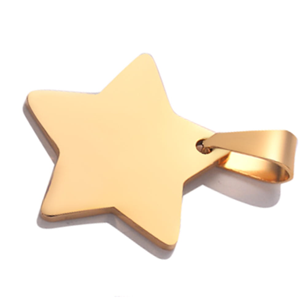 Gold-toned stainless steel star pendant with polished metallic finish and attachment loop for necklace.