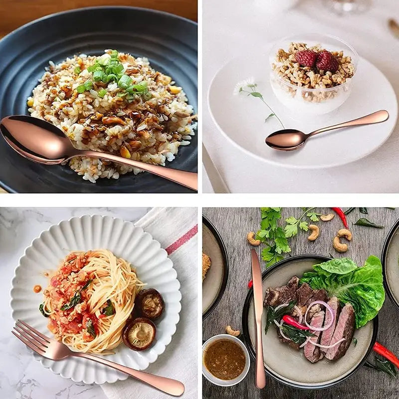 rose gold stainless steel spoons with a sleek modern design from a 24 piece cutlery set