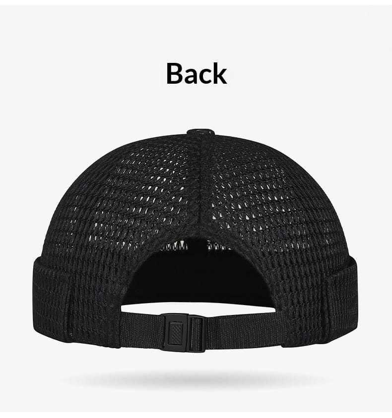 Gorra tipo trucker de malla negra para mujer con visera plegada y correa ajustable, mostrada desde el lado posterior; producto de gorra tipo baseball de malla gris claro para mujer, para gorra de verano.