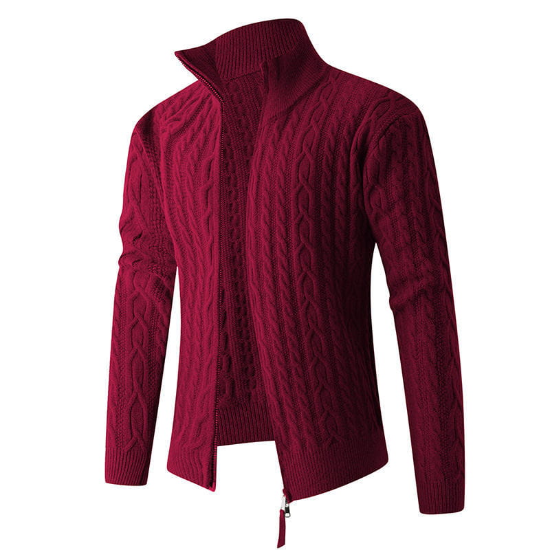Men thick half zip cable knit sweater in rich burgundy with a high collar and ribbed cuffs made from warm material.