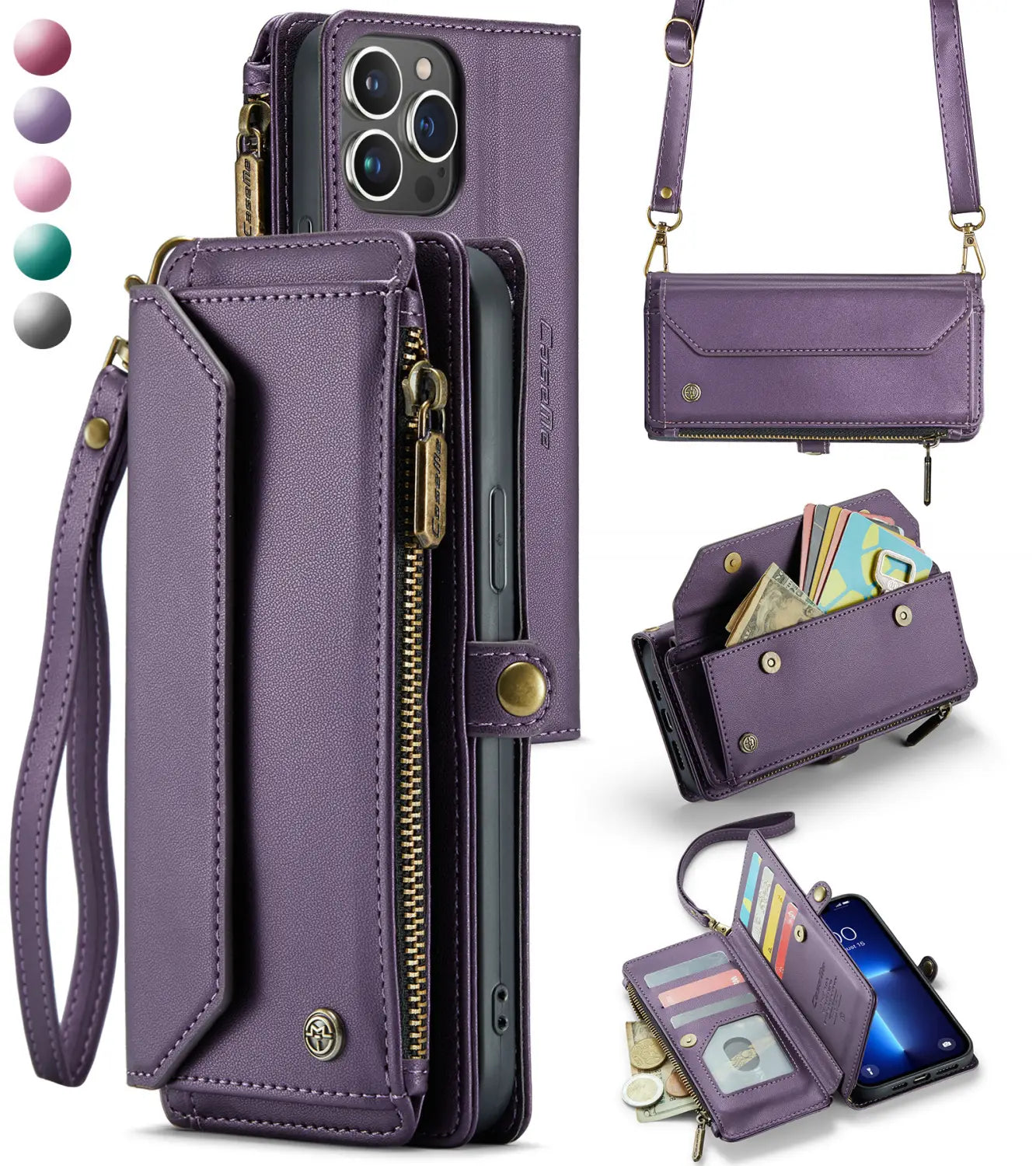 purple leather wallet phone case with zippered compartments and a removable wrist strap designed for iPhone models