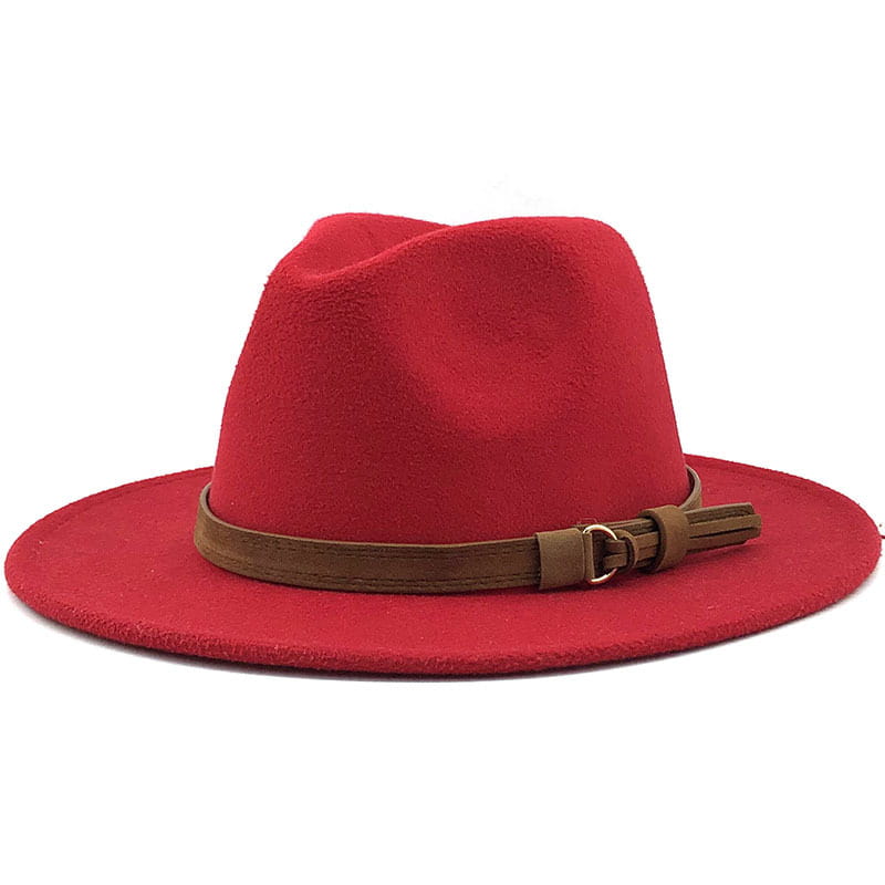 wool fedora hat in vibrant red felt with a brown leather belt and buckle detail.