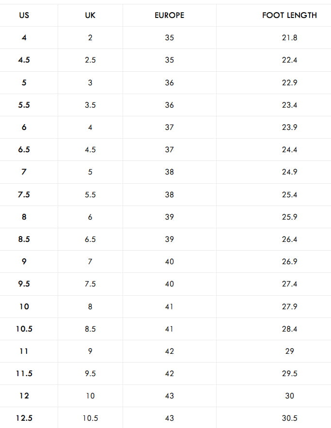 Size conversion chart for footwear displaying US, UK, European, and foot length measurements in centimeters for women’s leather block heel loafers with square toe design.
