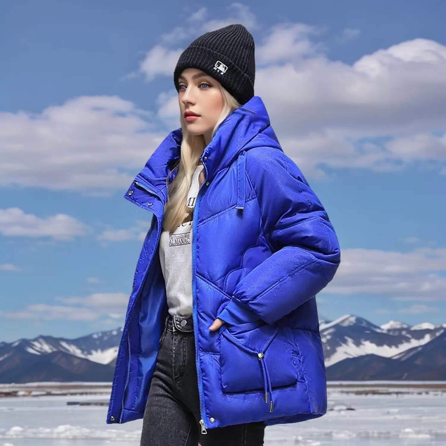 Leuchtendes königsblaues koreanisches lockeres Winter-Steppjackett mit Daunenoptik, mit Steppdesign und Kapuze für das Tragen bei kaltem Wetter