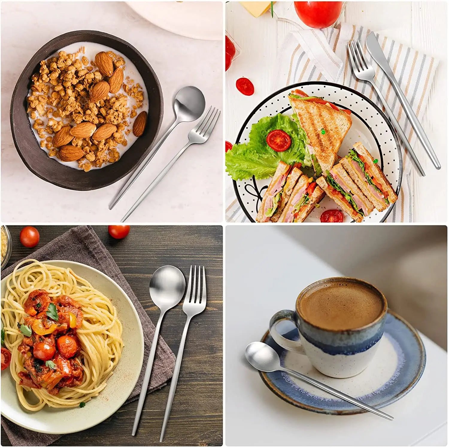 Set of four stainless steel matte cutlery sets with minimalist design including matching spoons and forks.