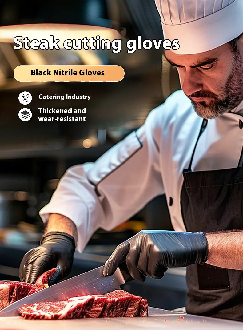 Black nitrile disposable gloves 100 pack showing the back side of thickened and wear-resistant gloves designed for steak cutting in the catering industry.