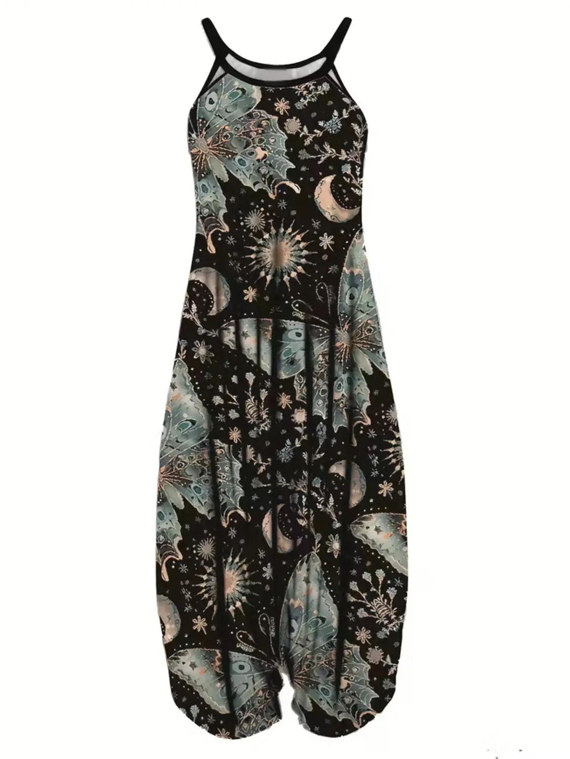 Combinaison noire sans manches, grande taille, à bretelles fines, présentant un motif céleste de papillons teal et argentés, lunes, étoiles et motifs floraux.