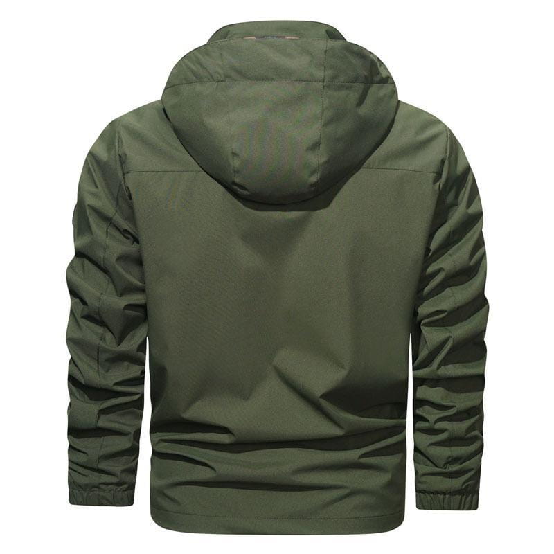 mens outdoor fleece hooded jacket in olive green with sleek lightweight fabric and elastic cuffs designed as a casual shell coat