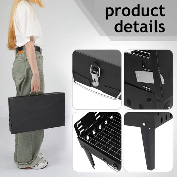 Black portable folding charcoal grill with metal latch and steel grid cooking surface for outdoor barbecue use