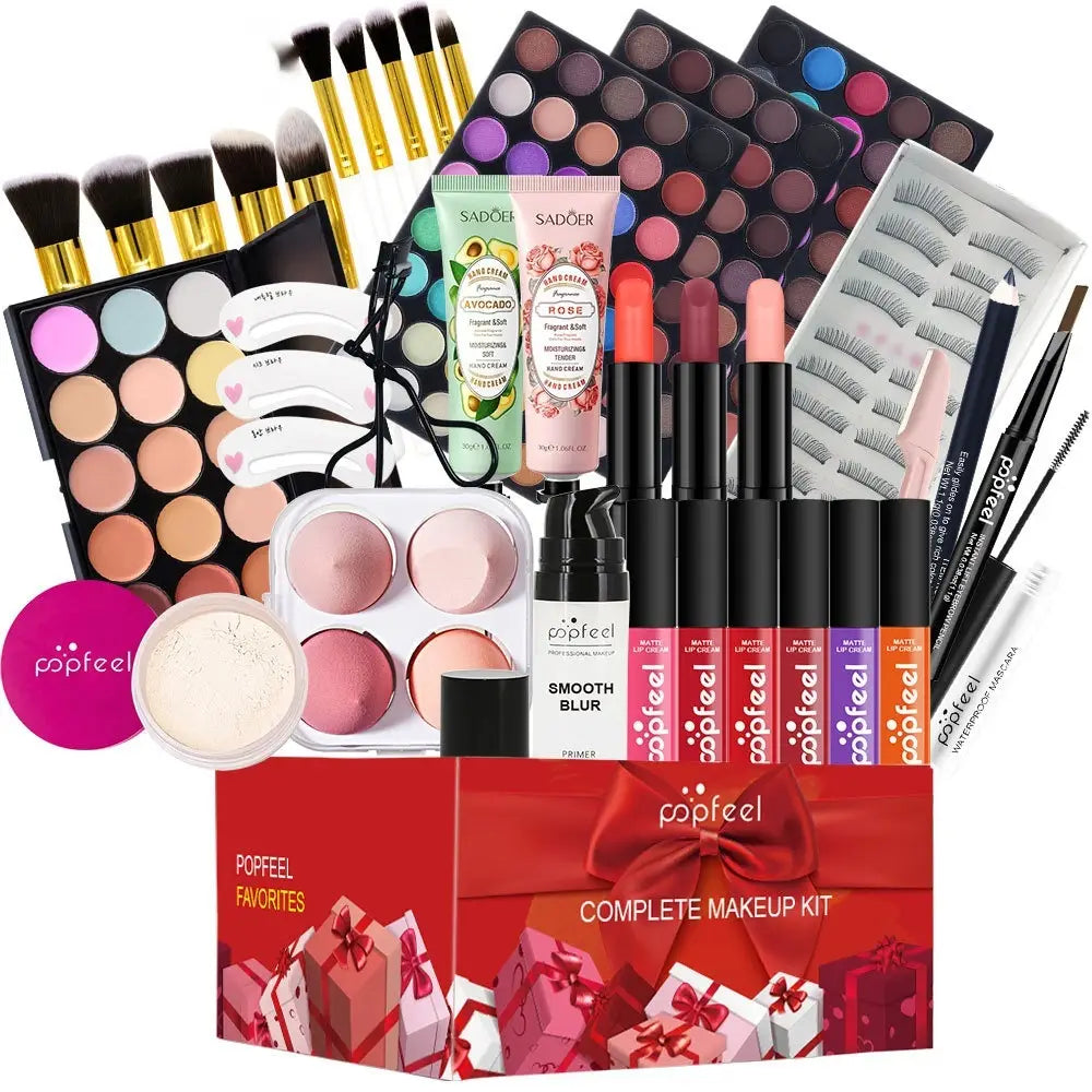 Red gift-boxed popfeel festive makeup set featuring 27 pieces with a holiday-themed packaging and a decorative bow.