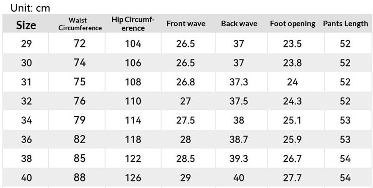 Size chart displaying measurements in centimeters for men’s cotton cargo shorts relaxed fit drawstring in sizes 29 to 40.