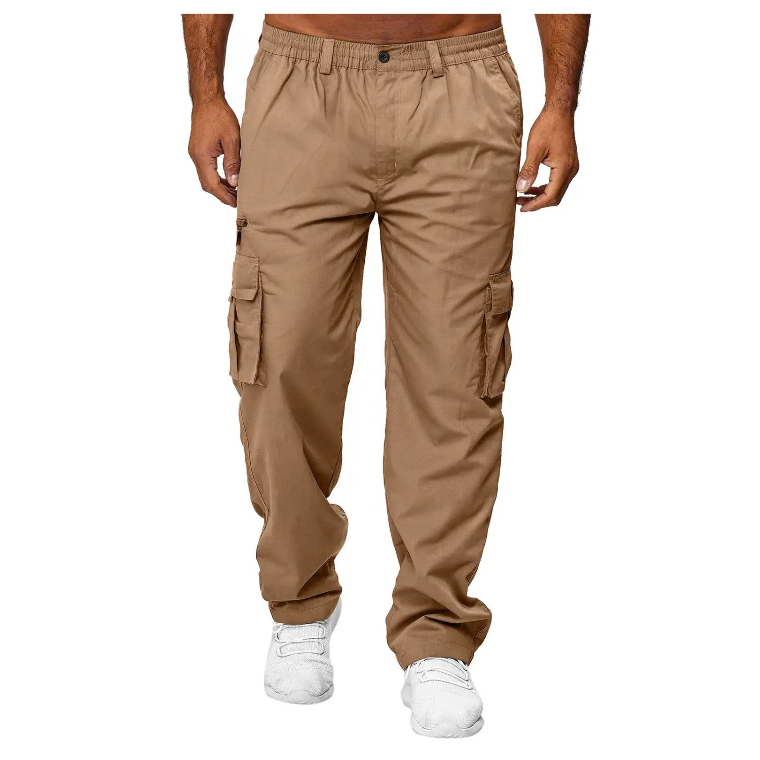 Men’s loose tan cargo pants featuring multiple side pockets and an elastic waistband designed for comfort and utility.
