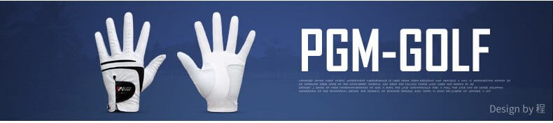 Men genuine leather breathable golf glove in white with black accents and logo on the palm featuring a sleek pgm-golf design.